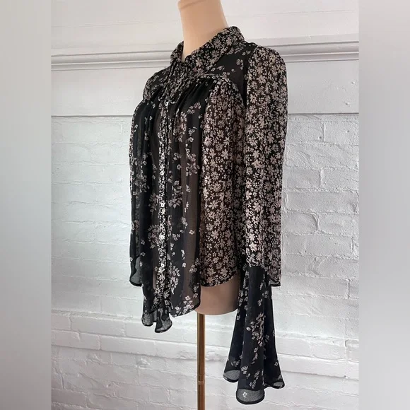 FreePeople Serena Black Floral Blouse Sheer Button Up Ditzy Cottage Witch Size M - Picture 4 of 16